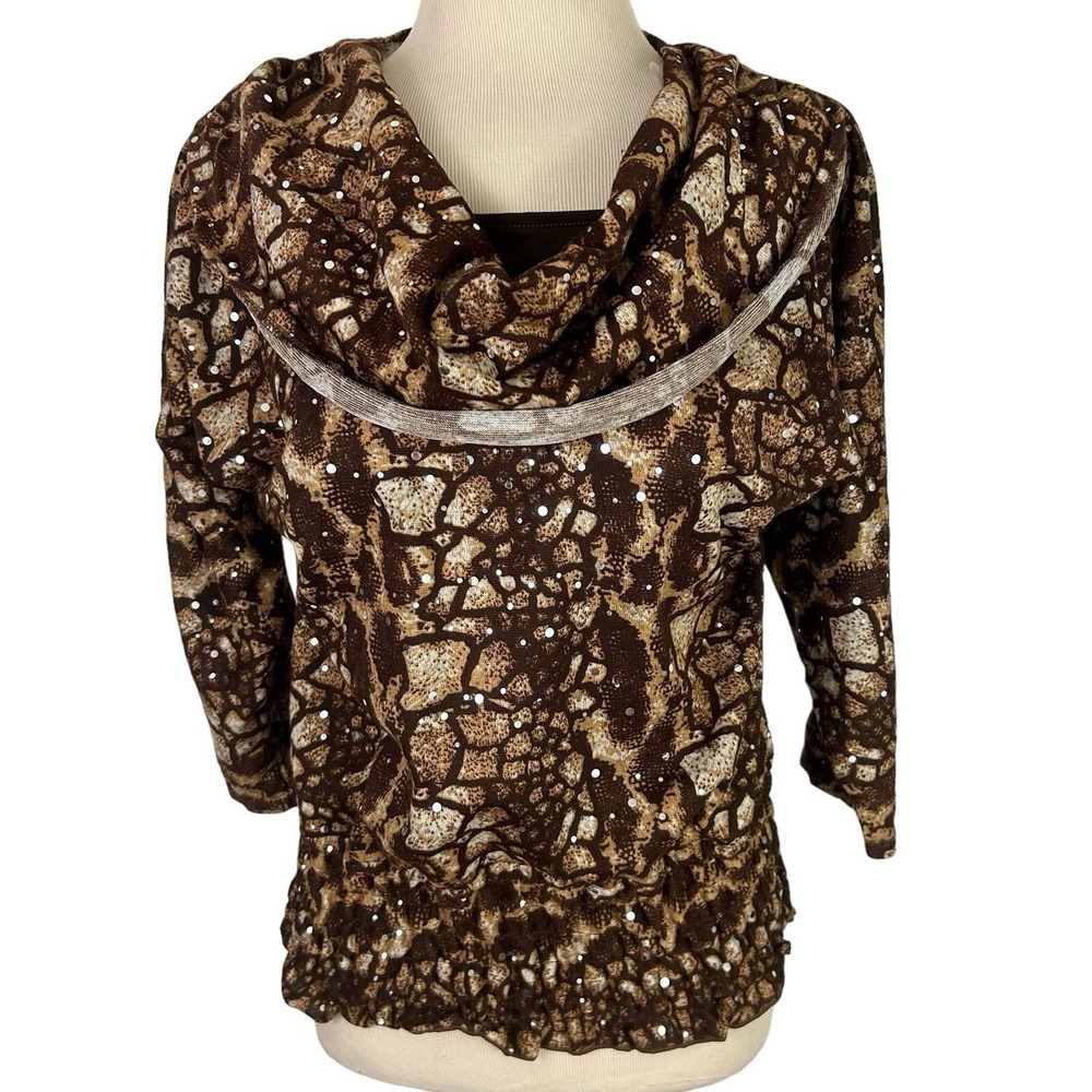 ISABELLA RODRIGUEZ New Animal Print Alligator TOP S Cowl Blouse Chic Maximalist - Picture 10 of 17